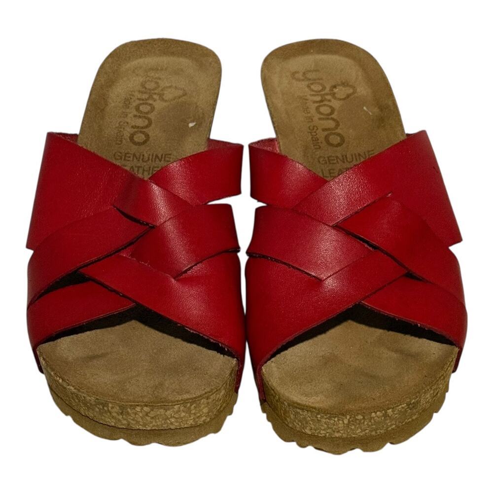 Yokono Red Genuine Leather Crisscross Slide Sandals Women's Size 6.5 Spain - Picture 3 of 7